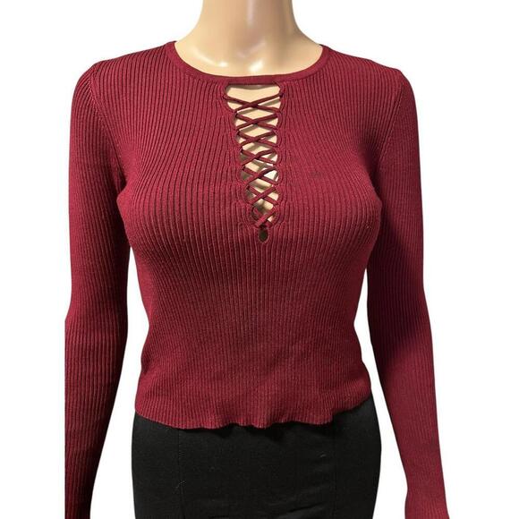 Forever 21 Burgundy Lace-Up Ribbed Sweater - Picture 2 of 5